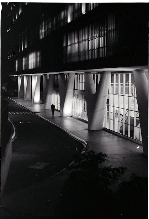 Black and White Photo of a Contemporary Art Museum of São Paulo at Night