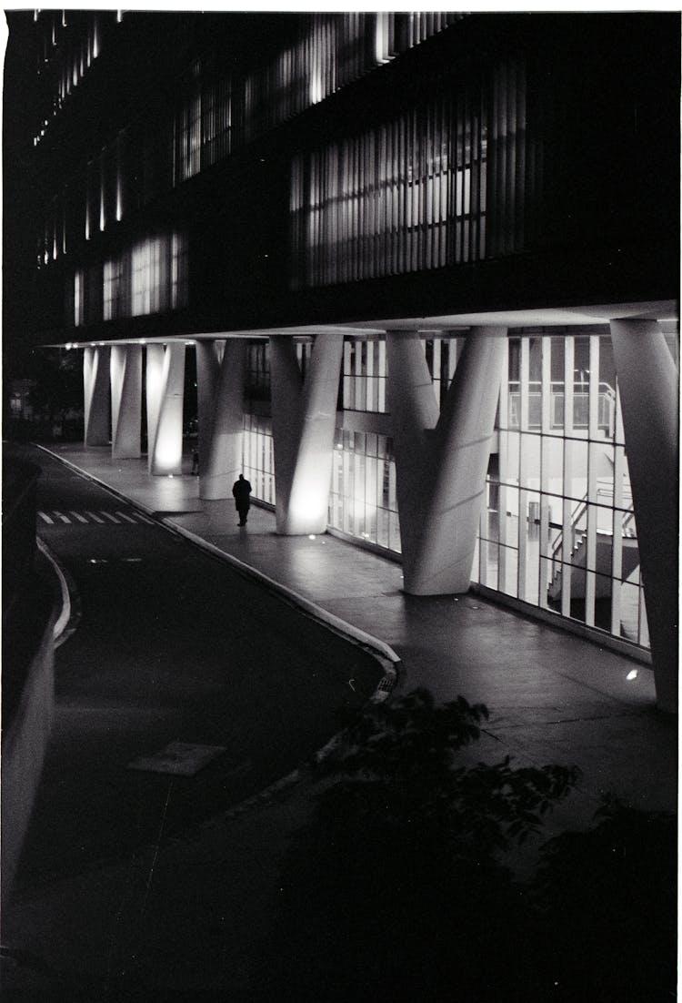 Black And White Photo Of A Contemporary Art Museum Of São Paulo At Night