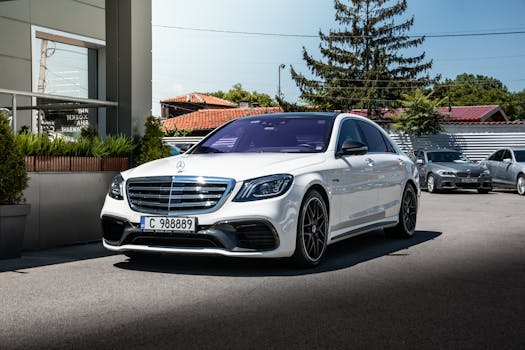 A sleek Mercedes-Benz sedan parked on a sunny urban street, showcasing luxury and modern design.