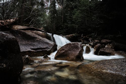 A Rocky Waterfall Photographed in Long Exposure Effect 