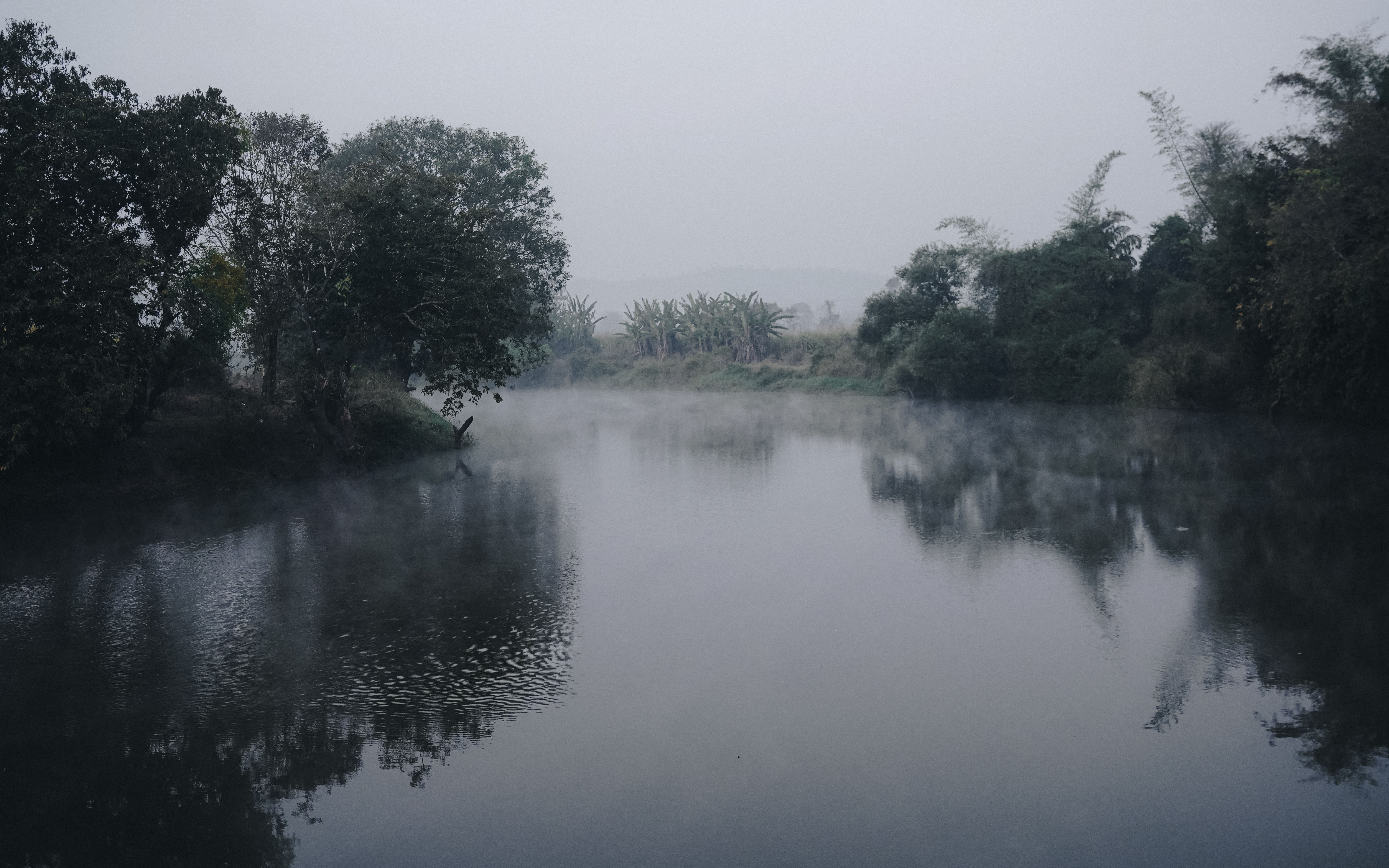 A tranquil, foggy river scene with trees reflecting on water in Belagavi, India.