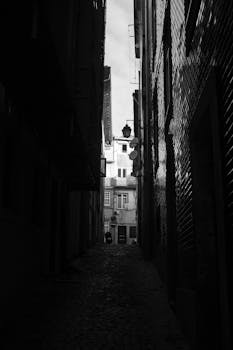 A dark and narrow alley with cobblestone pavement in Porto, Portugal showcases the city's historic charm.