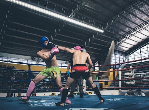 Exchange of Blows Between Kickboxers Fighting in the Ring