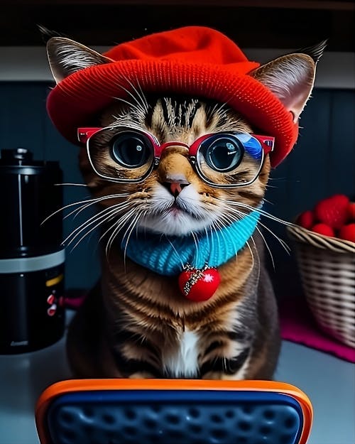 ai generated cute kitty in red beret sitting on the kitchen table