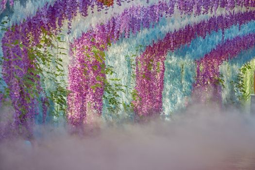 A vibrant floral tunnel adorned with hanging wisteria in purple and blue hues, creating a dreamy atmosphere.