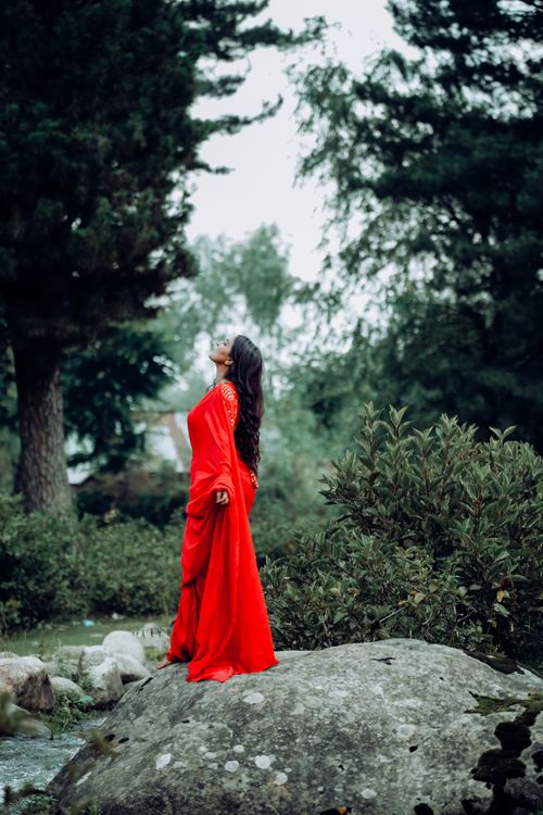 Free A woman in a red dress poses on a rock amidst lush forest scenery, exuding elegance. Stock Photo