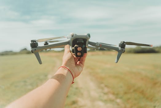 Person holding a drone in a vast field, ready for flight, on a sunny day.
