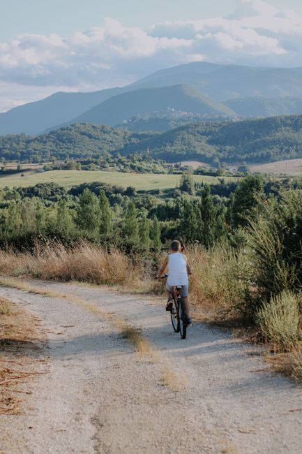 A young boy rides his bike down a scenic country road surrounded by lush greenery.