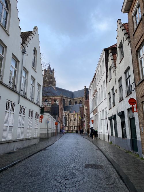 Free A serene view of a cobblestone street flanked by historic buildings under a cloudy sky. Stock Photo