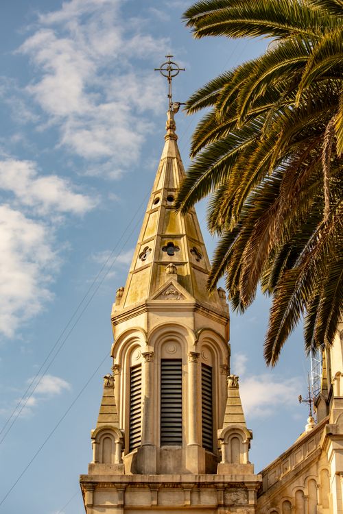 Free Gothic-style church tower with palm trees against a bright blue sky. Stock Photo