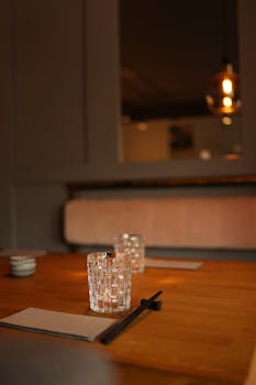 Atmospheric photo of a table with glassware and chopsticks in a warmly lit modern restaurant.