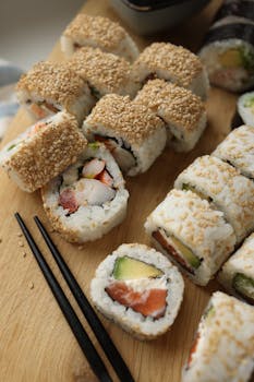 Appetizing sushi rolls topped with sesame seeds and filled with fresh ingredients.