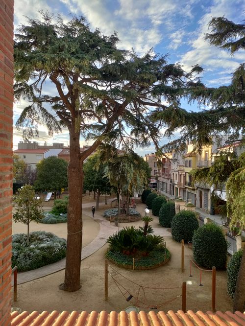 Free Charming urban park with lush trees and winding pathways in a picturesque town setting. Stock Photo