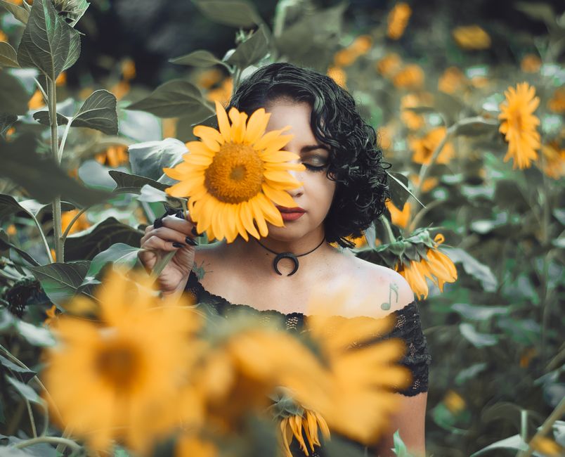 Portrait of a young woman partly obscured by a sunflower, in a vibrant field.