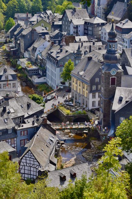 A picturesque overview of Monschau, Germany showcasing historic buildings and scenic views.