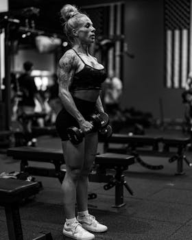 Strong woman lifting dumbbells in a gym, showcasing fitness and strength.