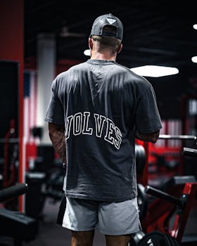 Muscular man in casual gym wear from a back view, enhancing bodybuilding focus.