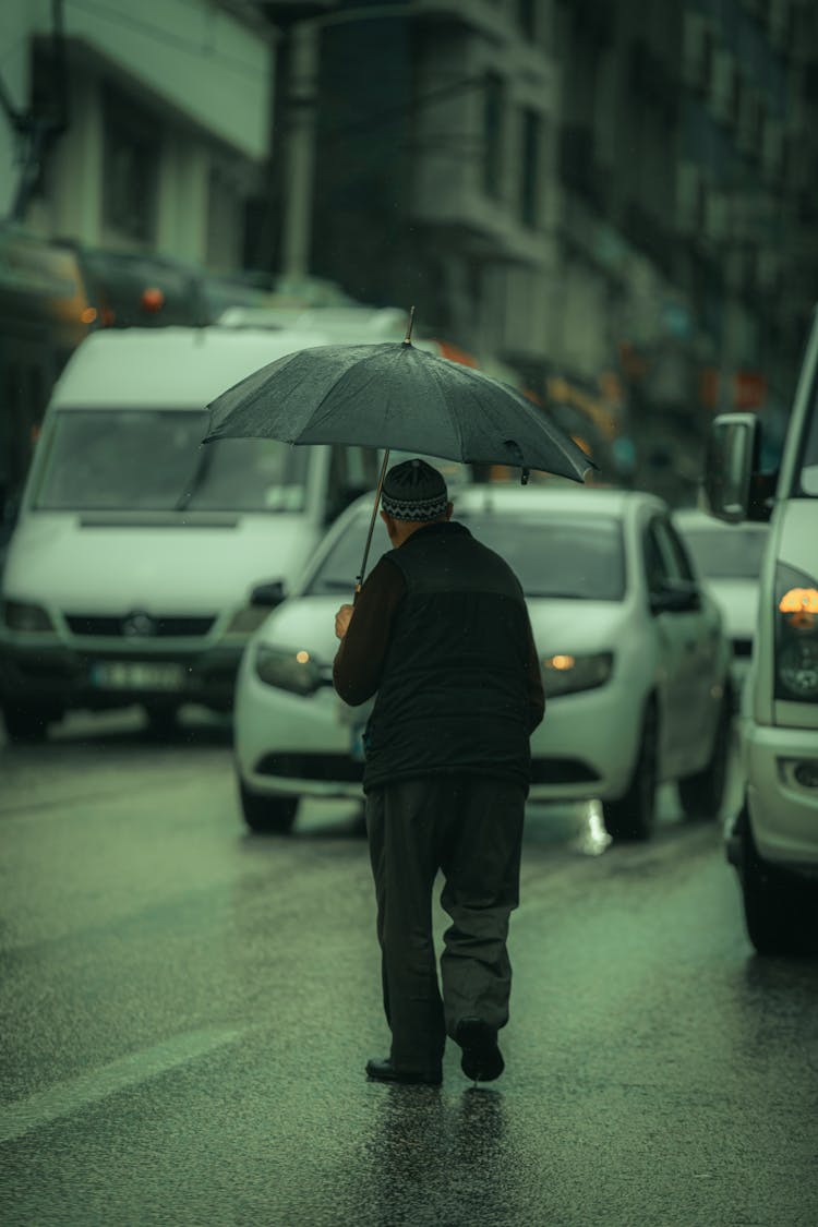 Man Walking Street With Umbrella In Rain