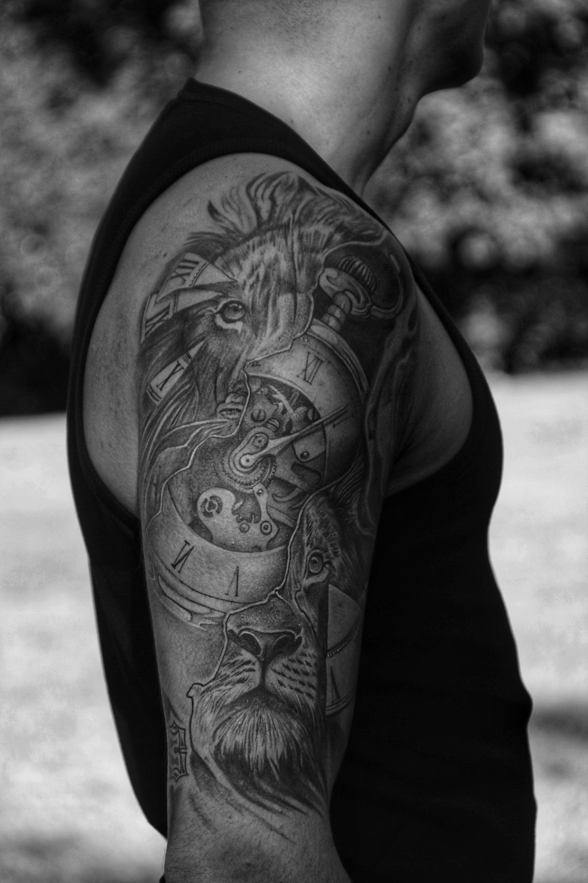 Close-up of a phoenix full sleeve tattoo in colour