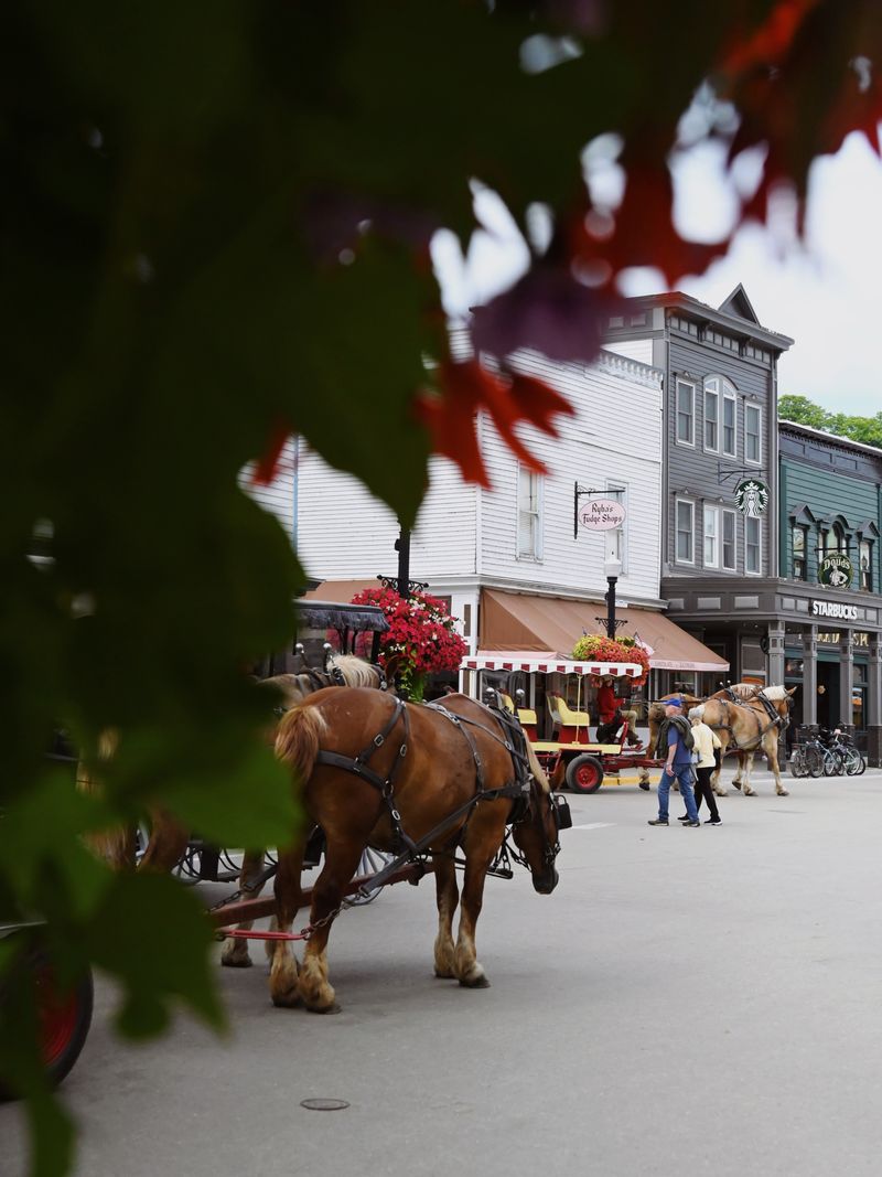 Historic street with horse-drawn carriages in Saratoga Springs, New York