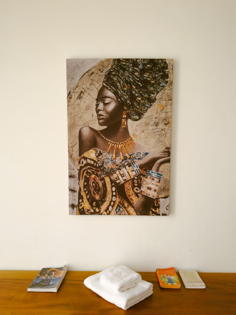 Canvas print wall art above a wooden table