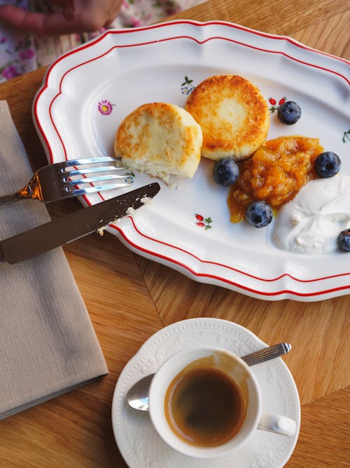 Free Pancakes with Coffee for Breakfast Stock Photo