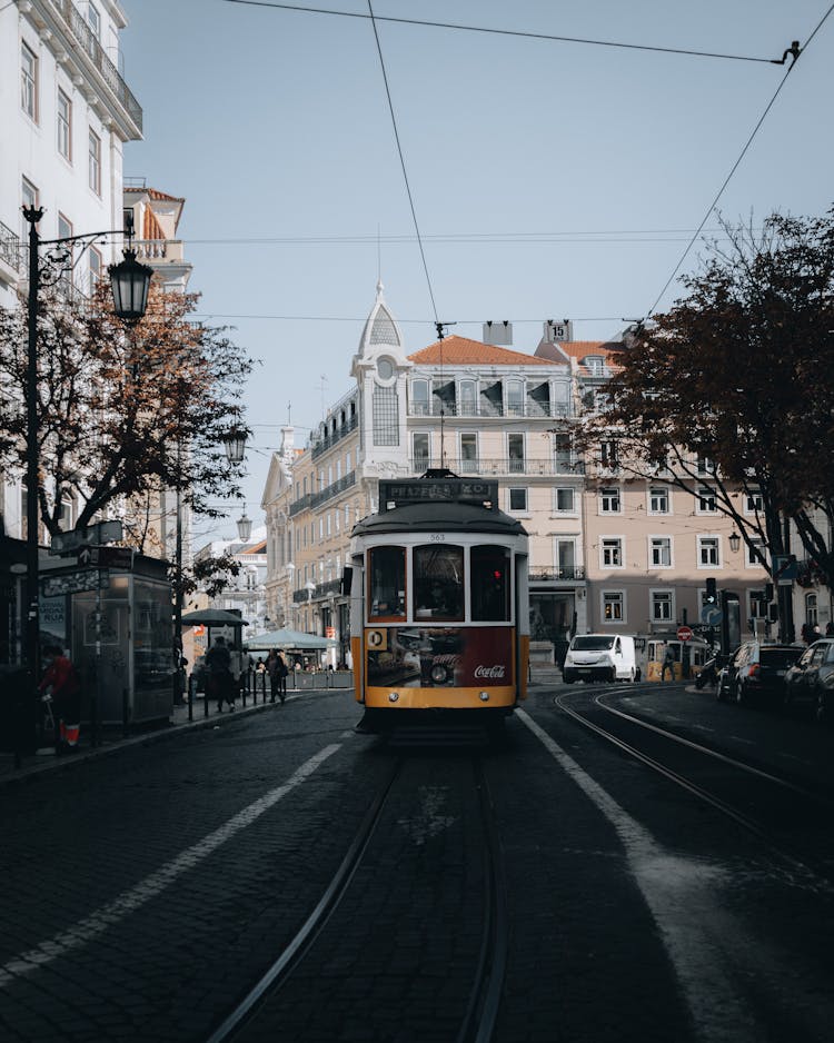 Vintage Tram On Street In Portugal