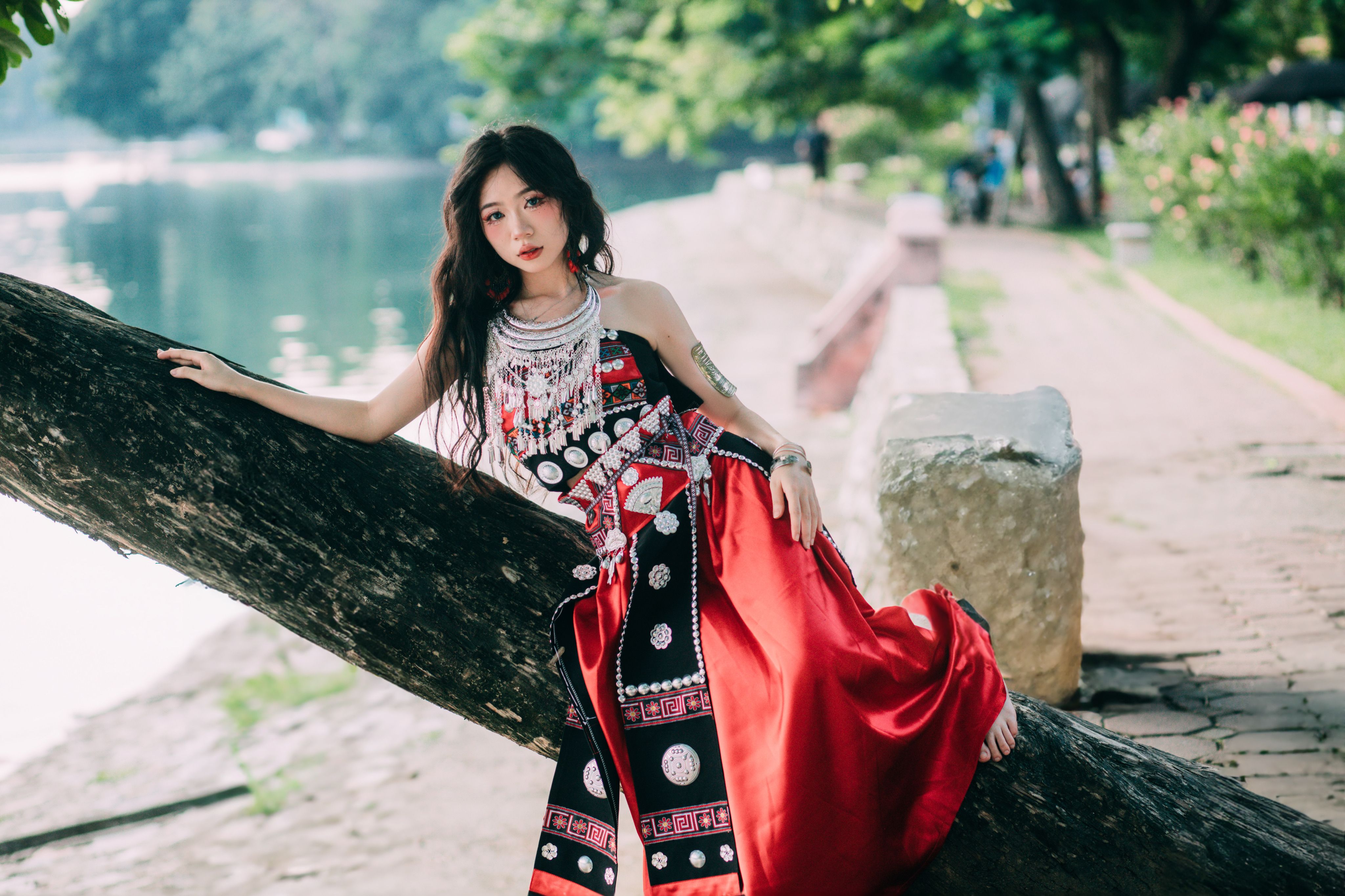 Young Woman in a Traditional Dress Sitting on a Tree in a Park · Free ...