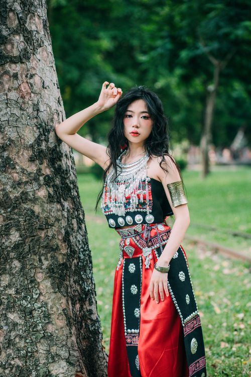 Free Asian woman wearing traditional clothing posing by tree outdoors. Stock Photo