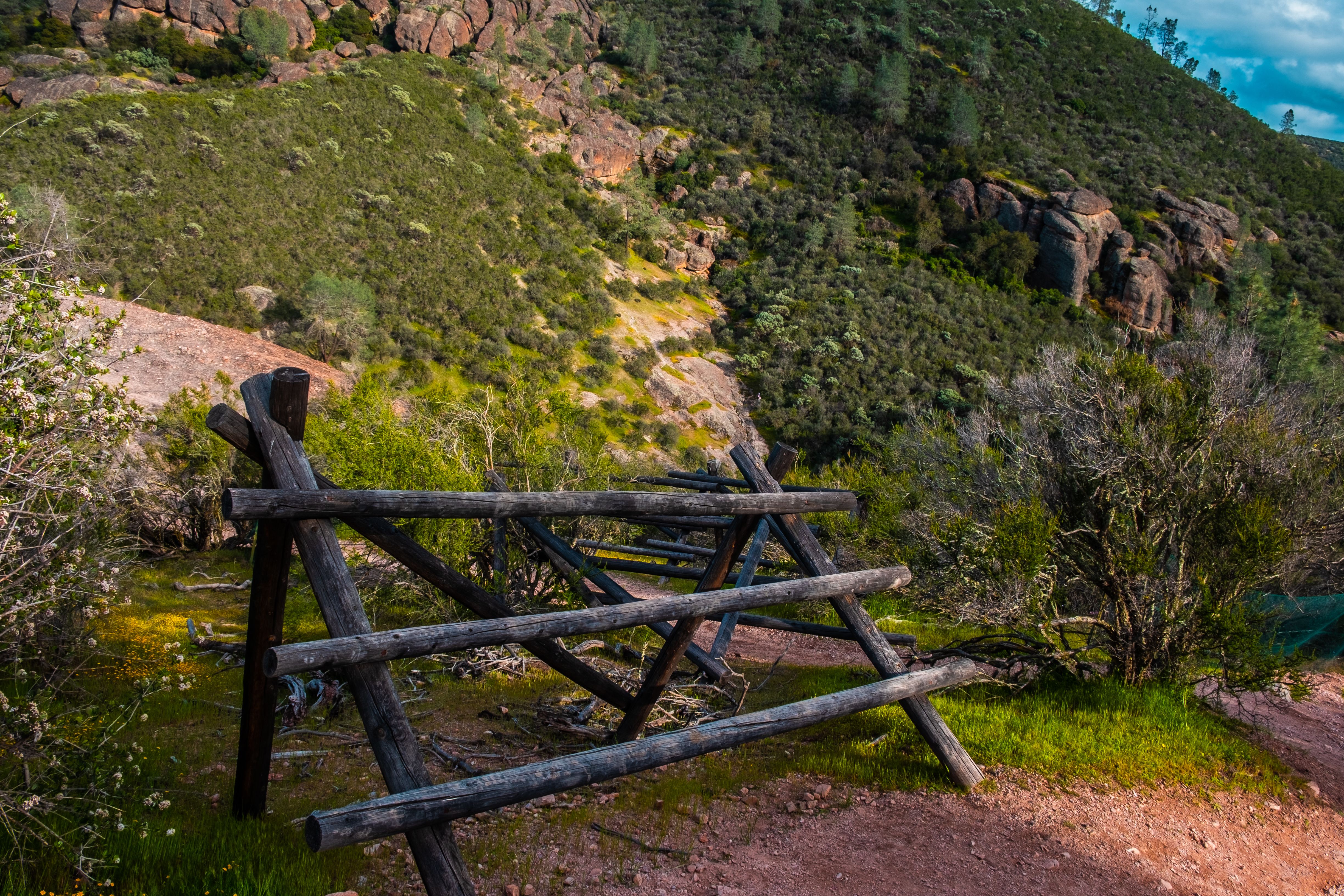 Fotomural Cerca de madera rústica en un entorno campestre vibrante con colinas y senderos.