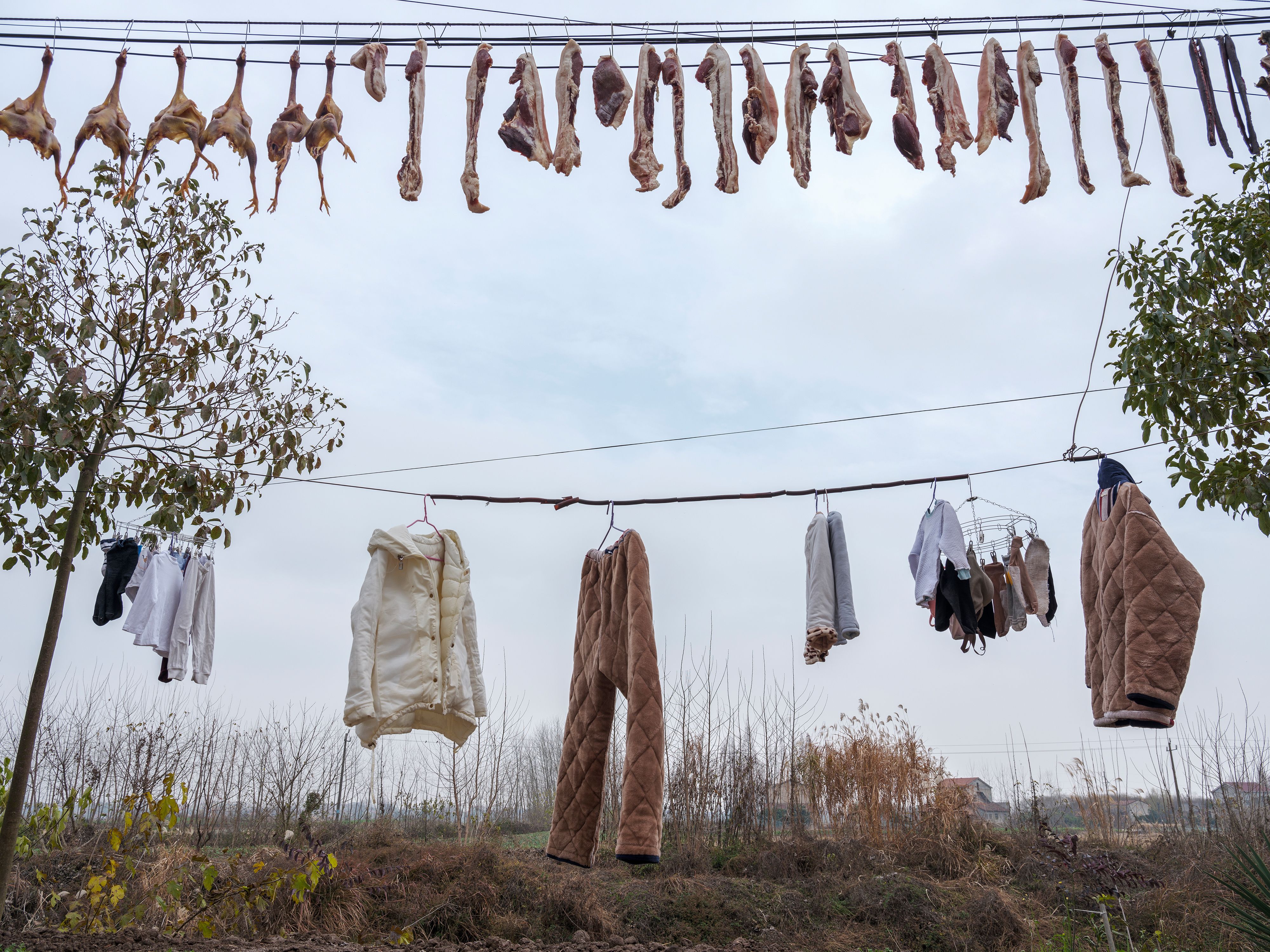 Outdoor scene showing clothes and meat drying on lines with rural background.