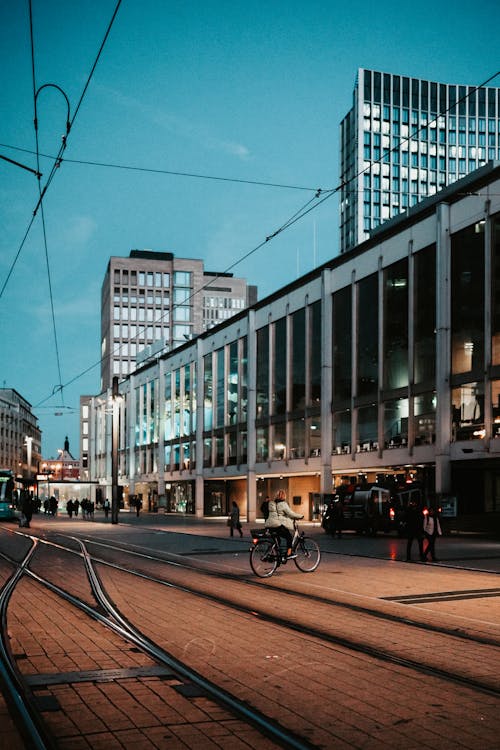 Free A Tramway and Skyscrapers in a Modern Downtown in the Evening  Stock Photo