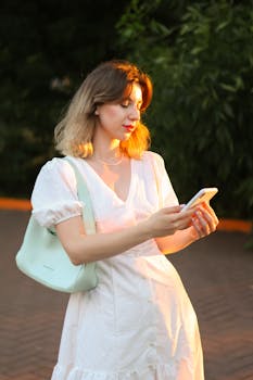A young woman in a white dress stands outdoors using a smartphone, bathed in warm sunlight.