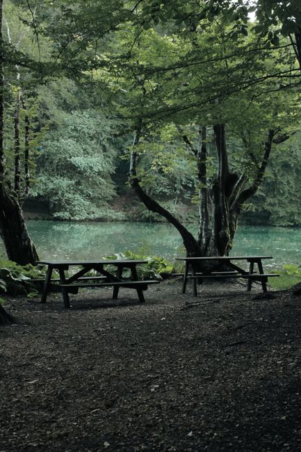 Sunrise over a quiet campground with empty picnic tables and a trail sign