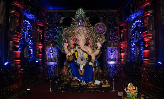 A beautifully decorated Ganesha idol during Ganesh Chaturthi in Mumbai, India.