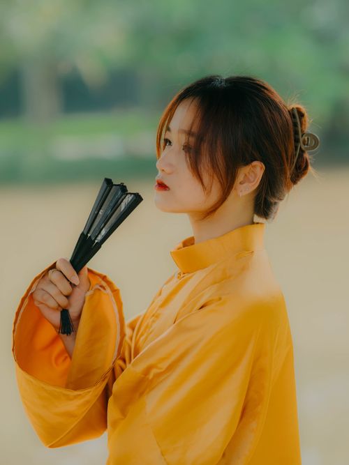 Free Side profile of a woman in yellow traditional clothing holding a black fan outdoors. Stock Photo
