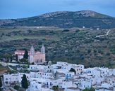 Picturesque view of the village and Church of Agia Triada in Lefkes, Paros, Greece.