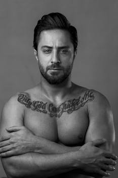 Black and white portrait of a muscular man with tattoos, arms crossed.