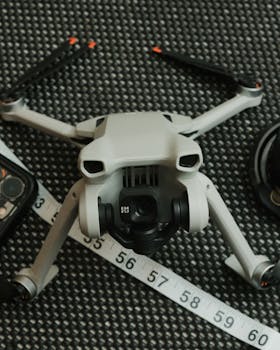 A drone on a textured surface with a measuring tape emphasizing precision technology.