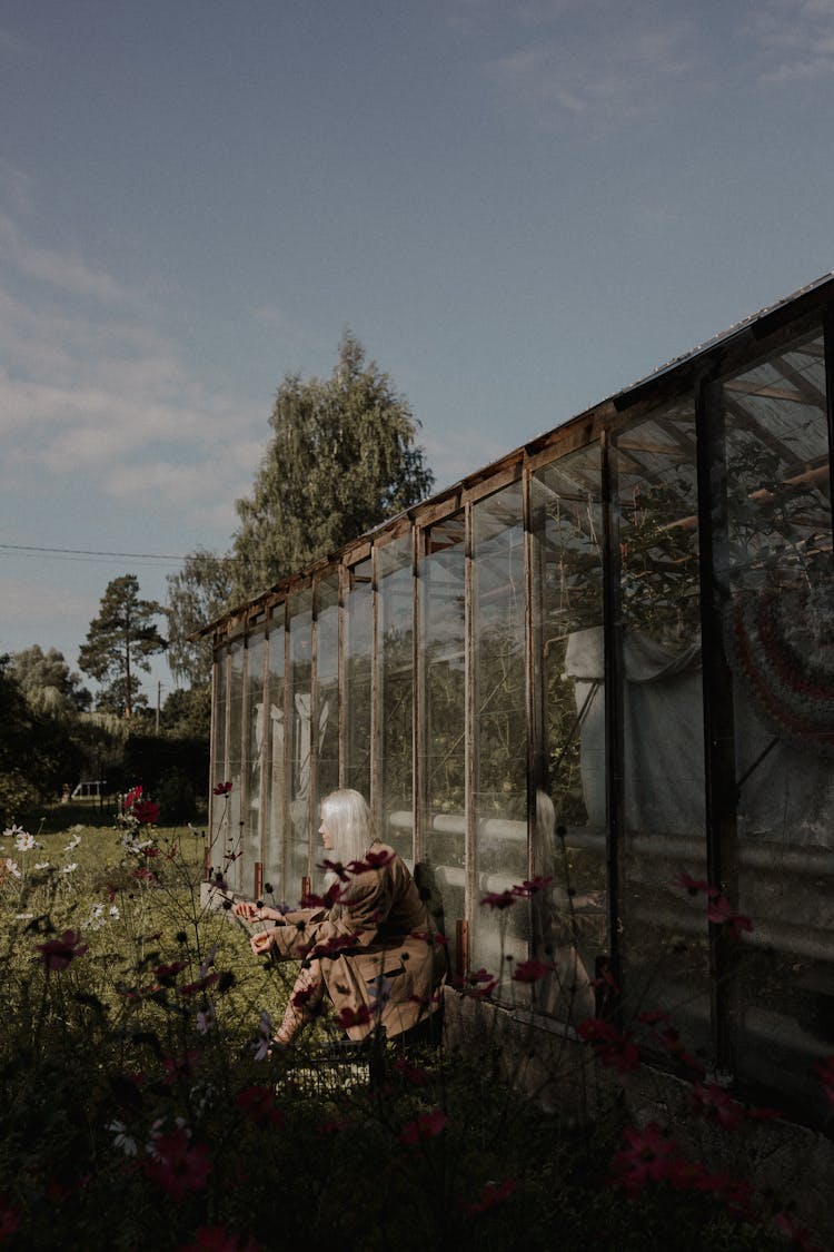 Woman Sitting By The Greenhouse In The Garden 