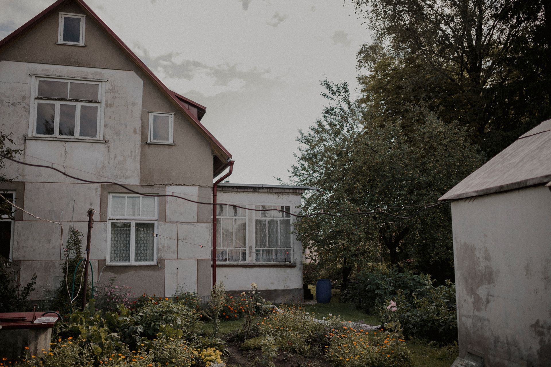 A rustic house in the countryside surrounded by a lush garden on a calm summer day.