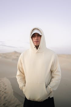 A serene portrait of a man in a hoodie standing in the sandy Samalayuca Dunes at dusk.