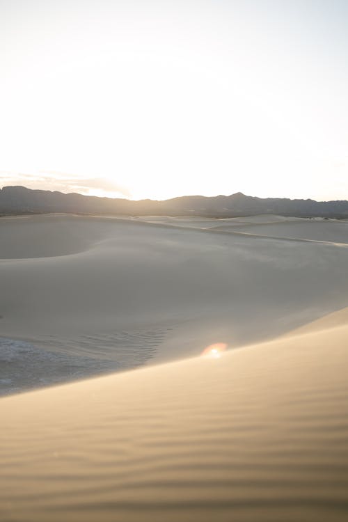 A sand dune in the desert with the sun setting