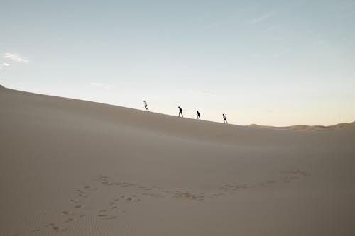 Four people walking across a sand dune