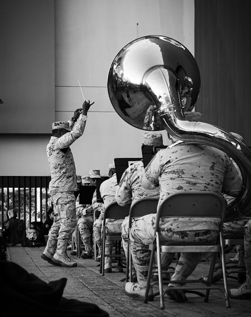Black and White Photograph of a Military Orchestra with a Sousaphone