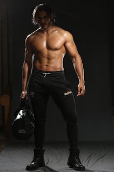 Strong topless man with gym bag standing against a dramatic black background.