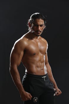 Shirtless male model showcasing muscular physique in a studio shoot.