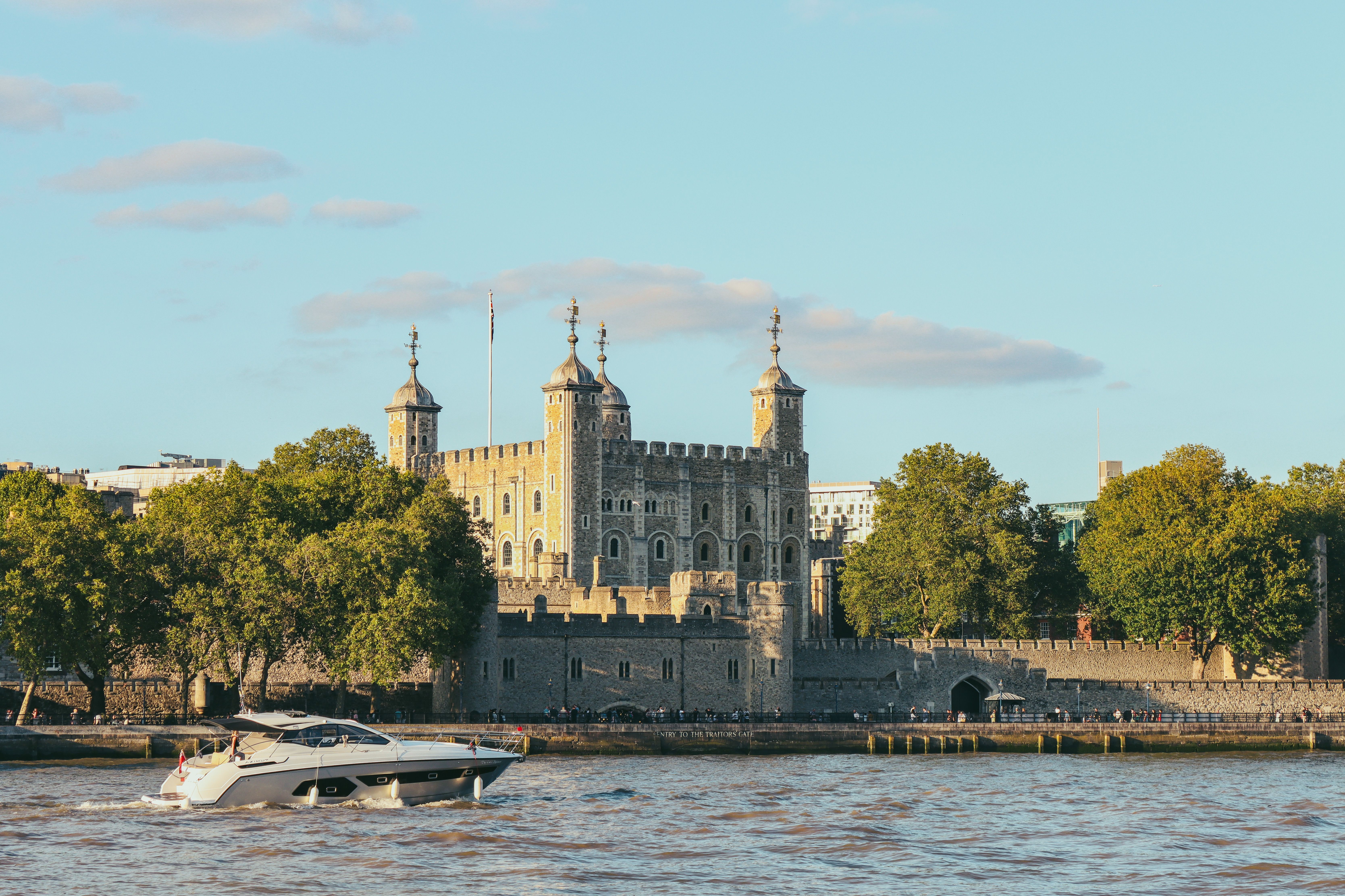 Tower of London seen from the River Thames on a clear day.
