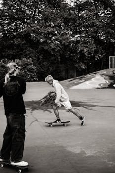 Two skateboarders enjoying a dynamic ride at an urban skate park in monochrome style.