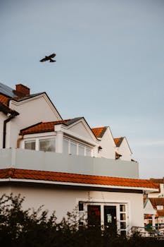 Charming urban house with a tiled roof and a bird flying above against clear sky.